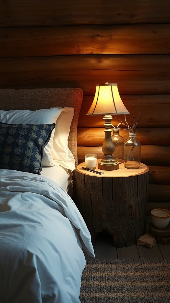 A cozy log side table beside a bed with a lamp and decorative items.