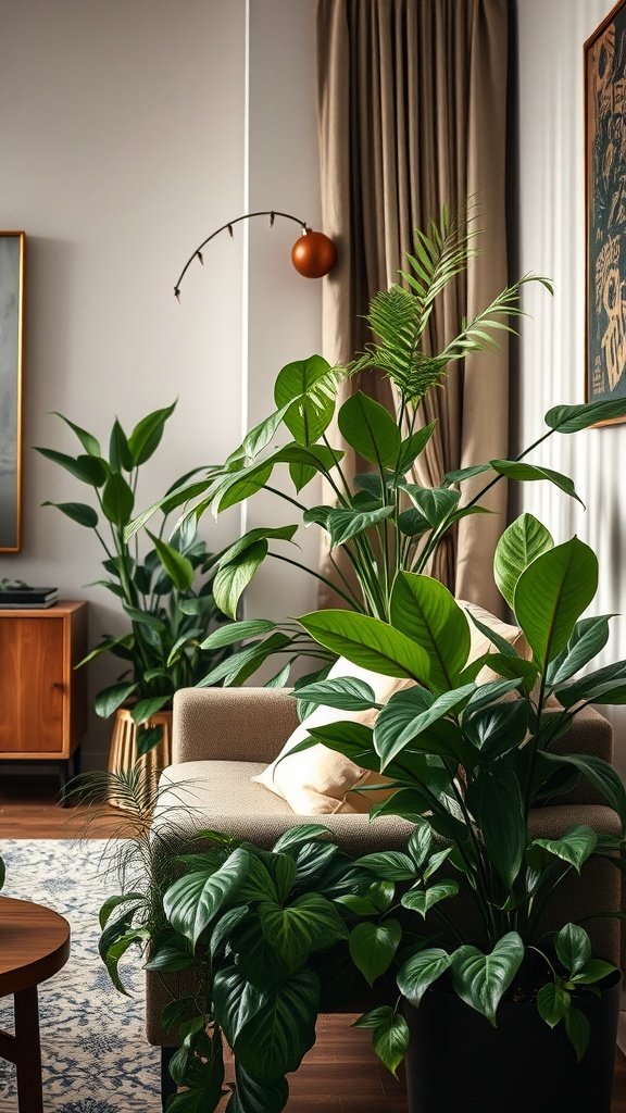 Living room with lush green plants and a cozy sofa.