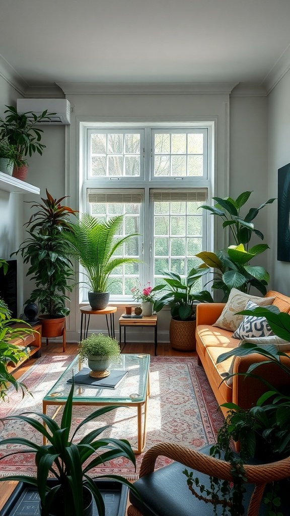 Lush living room with a variety of indoor plants and an orange sofa.