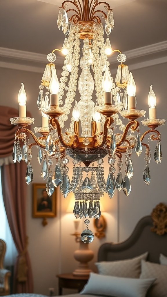 A luxurious chandelier with crystal droplets and light bulbs, enhancing a beautiful bedroom.