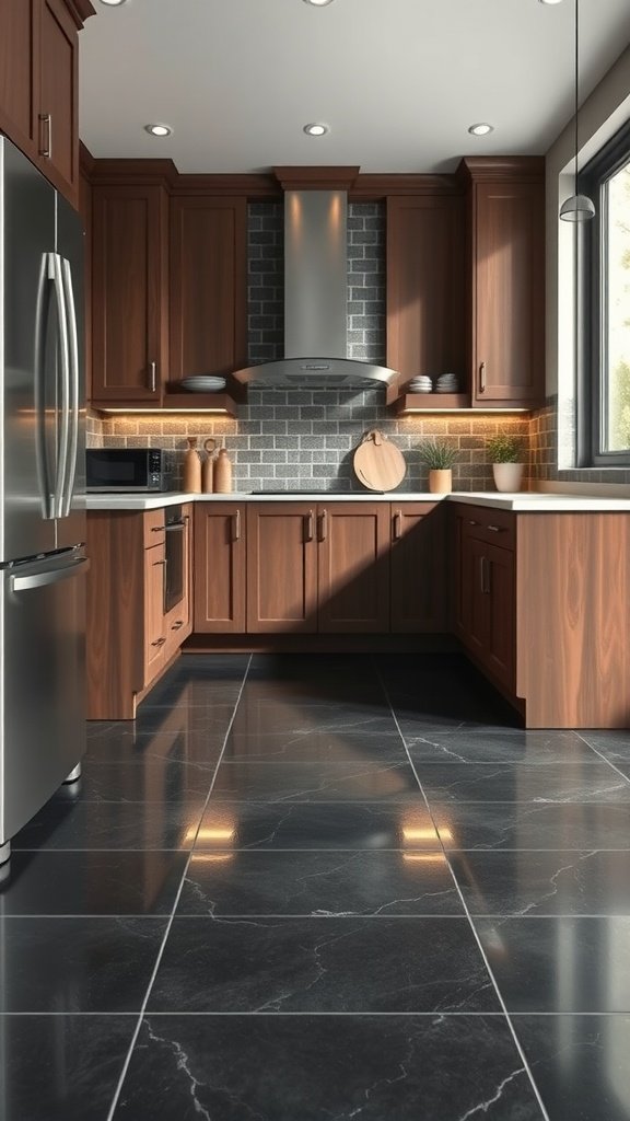 A modern kitchen featuring dark tile flooring and wooden cabinets.