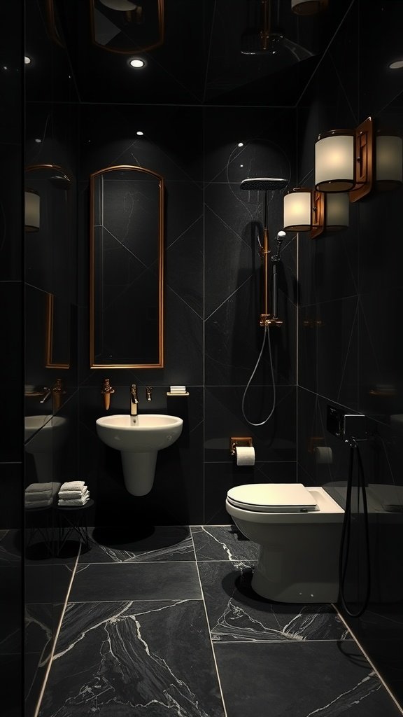 A modern dark bathroom featuring luxe fixtures and elegant lighting.