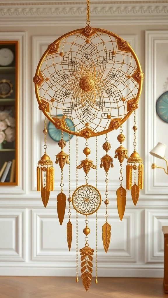 A gold dreamcatcher featuring an intricate design with hanging elements, displayed indoors.