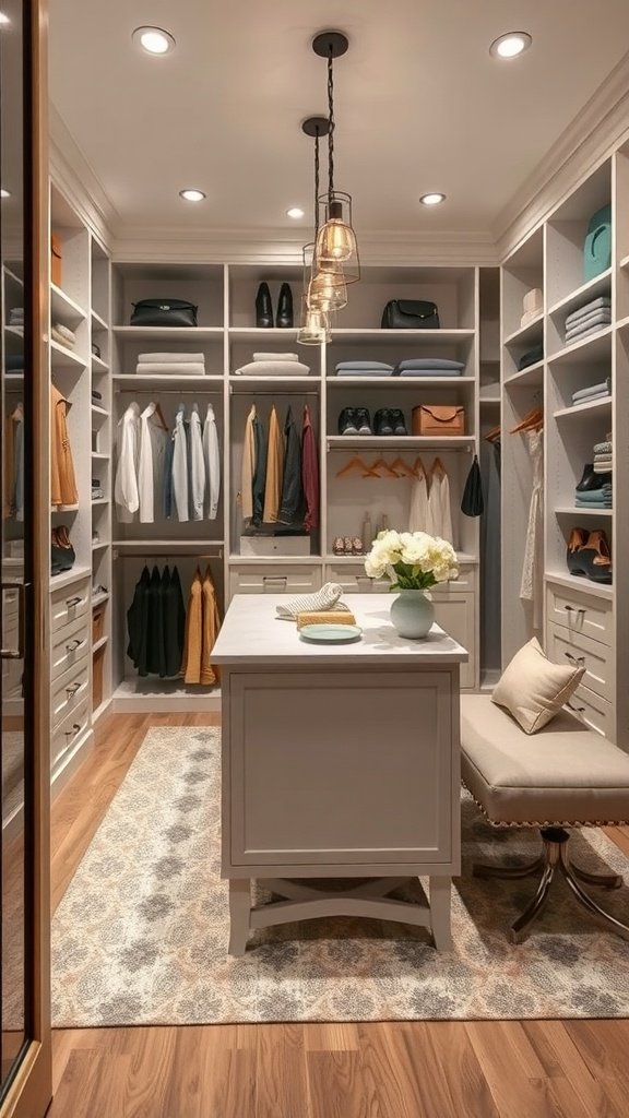 A stylish walk-in closet featuring a central island with storage, shelves, and a cozy seating area.