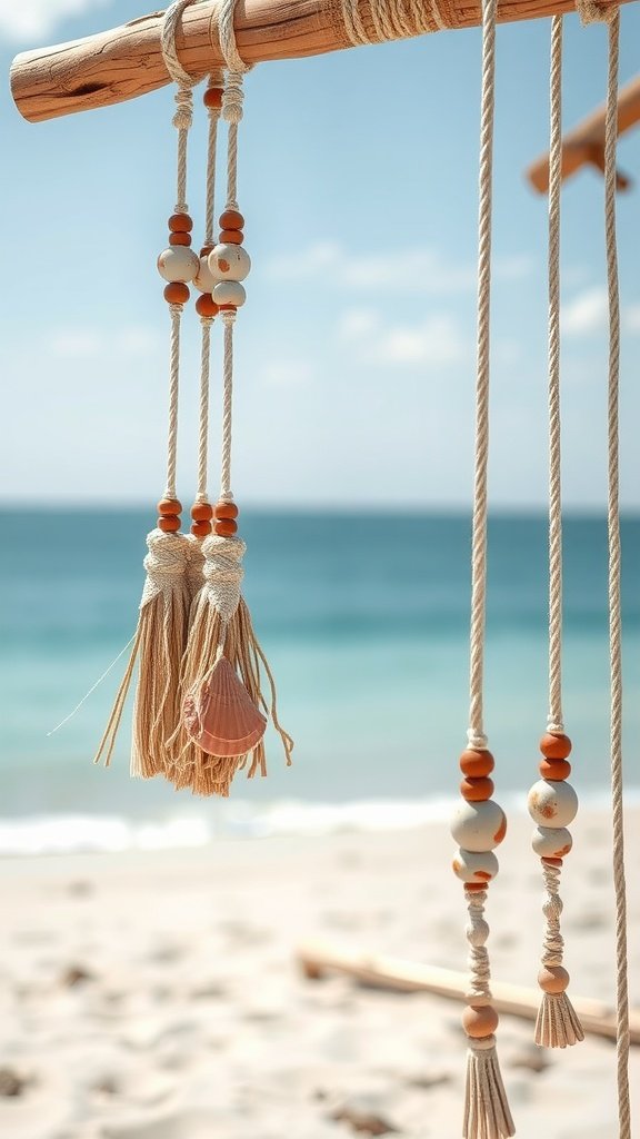 Macramé wall hanging adorned with beads and shells, set against a beach backdrop.