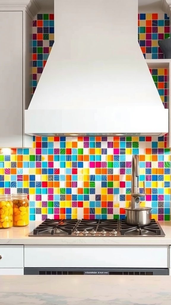 Colorful mosaic tile backsplash in a modern kitchen setting.