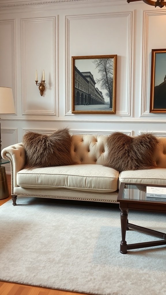 A classy living room featuring a beige statement sofa with faux fur pillows and elegant decor.