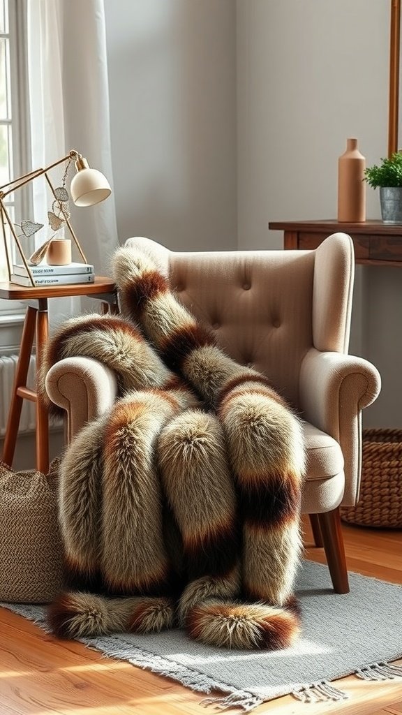 Luxurious faux fur throw draped over a cozy chair in a stylish room.