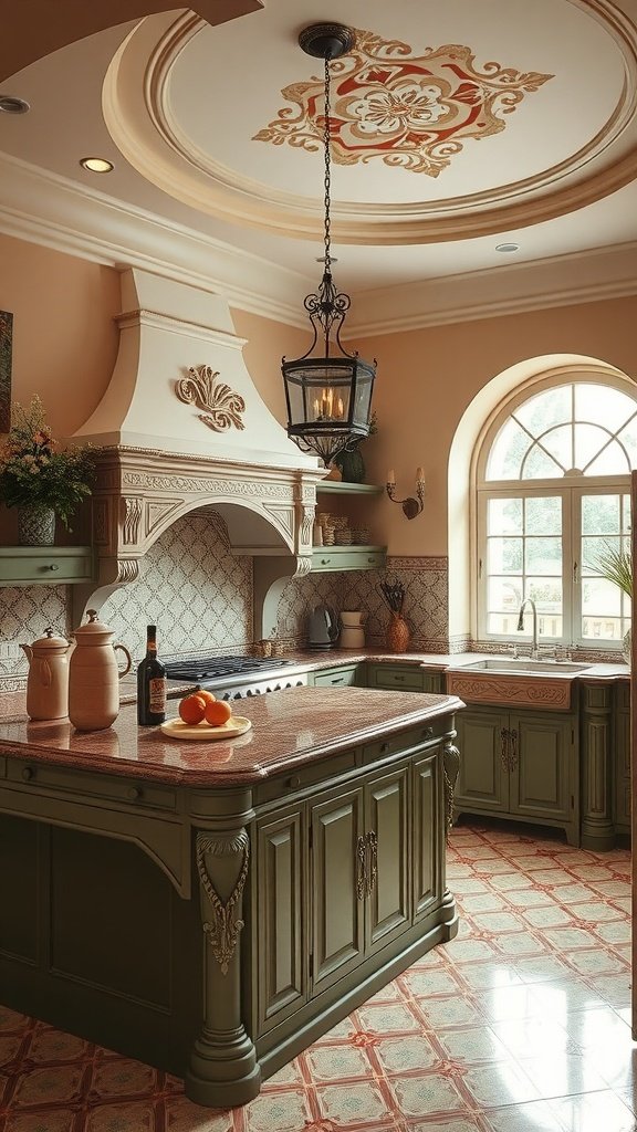 A luxurious Mediterranean kitchen featuring ornate cabinetry, a beautifully designed ceiling, and warm colors.