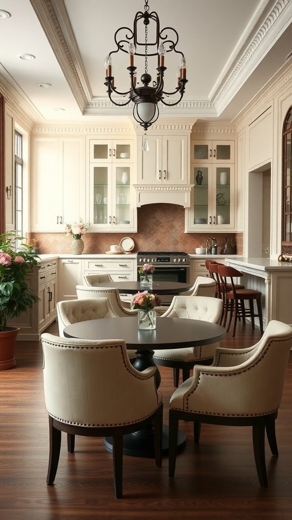 Luxurious kitchen seating with plush chairs around a circular table.