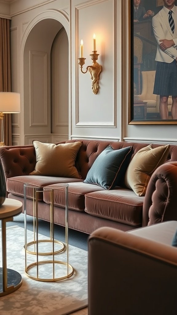 A plush velvet sofa adorned with pillows, set in an elegant living room.