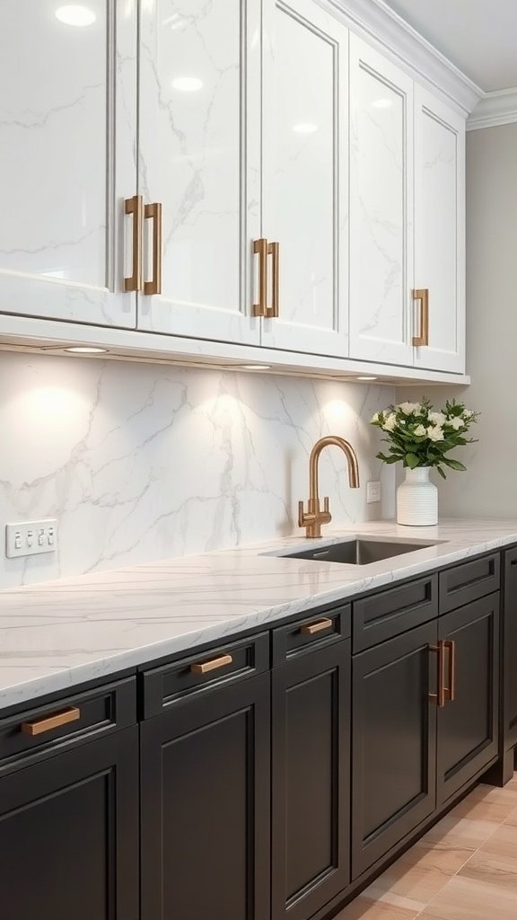 A modern kitchen featuring marble countertops, dark cabinets, and warm-toned hardware.