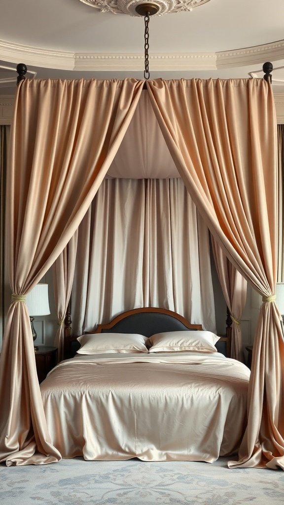 A cozy bedroom with a luxurious silk canopy draped elegantly over a bed.