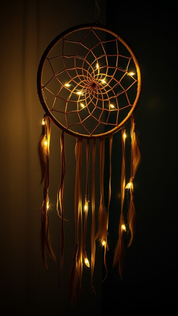 Macramé dreamcatcher with twinkling lights, featuring a circular shape and hanging tassels.