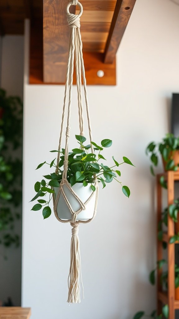 Macramé plant hanger featuring cascading leaves with a green plant.
