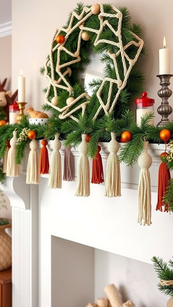 A decorative mantel with a macramé tassel garland in various colors and a green wreath.