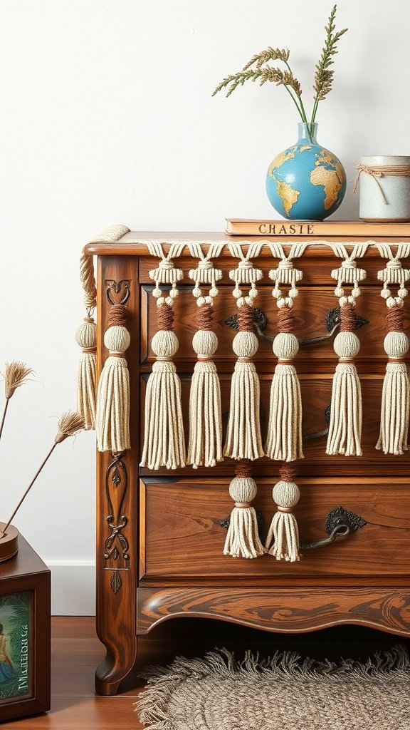 A wooden dresser adorned with macramé tassels and decorative items.
