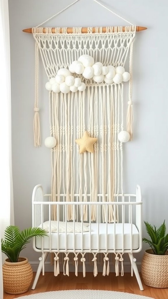 Macramé wall hanging with clouds and a star above a white crib in a nursery.