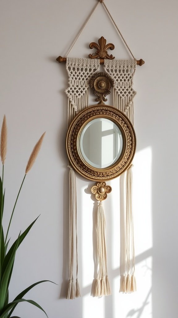 Macramé wall hanging featuring a decorative mirror with tassels.