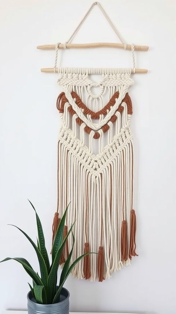 A macramé wall hanging made with mixed materials, featuring a natural color palette and tassels, hanging above a green plant.