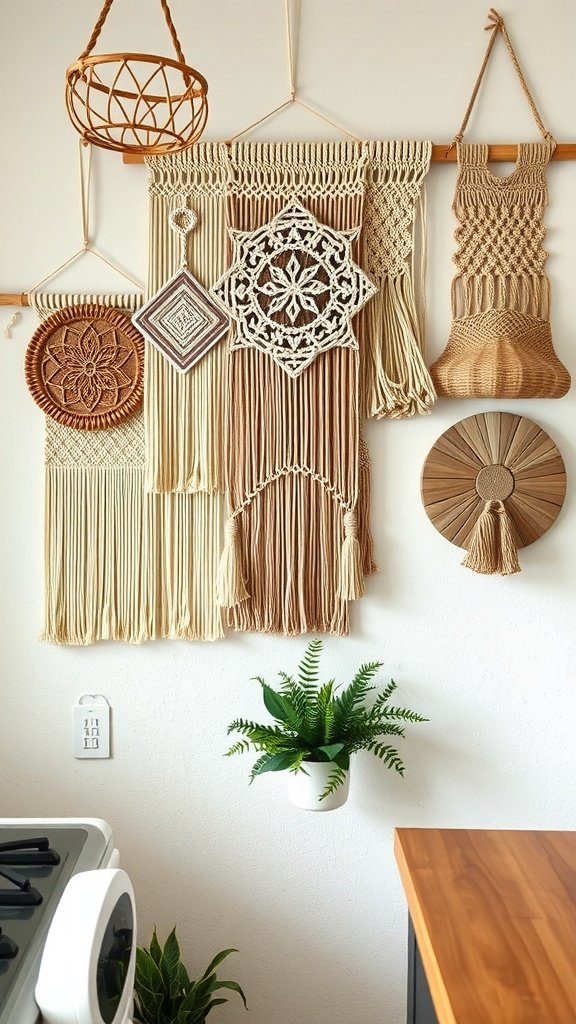A collection of macramé wall hangings in a boho kitchen setting.