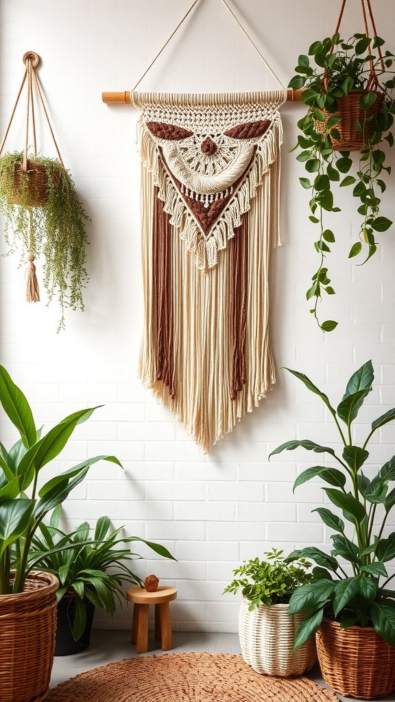 Macramé wall hanging with natural dyes, surrounded by plants.