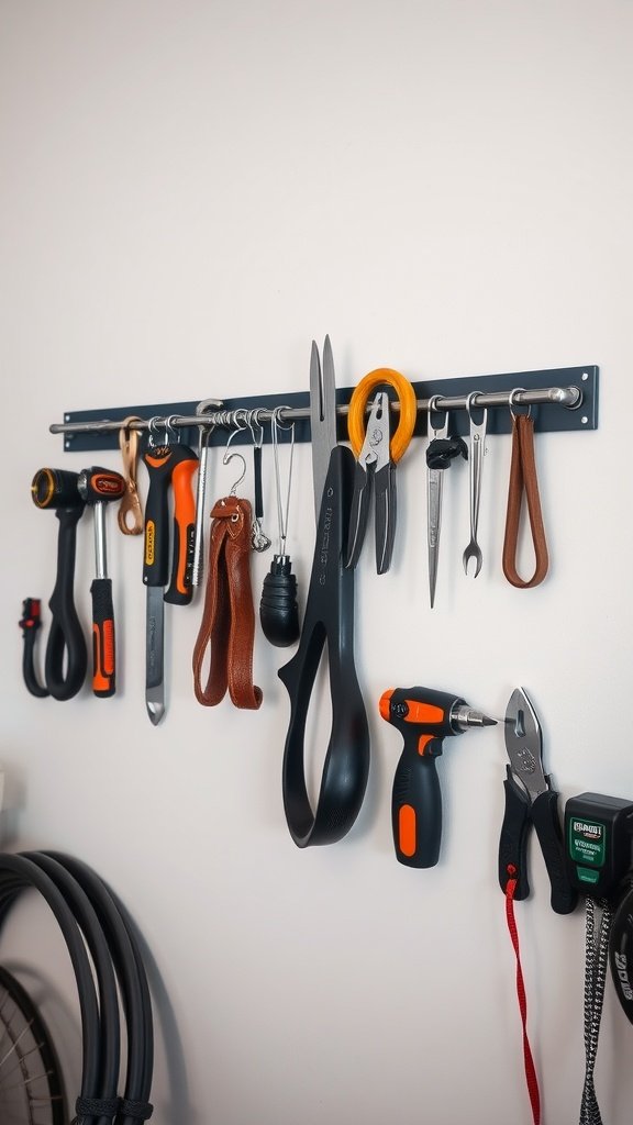 Magnetic strips on a wall holding various tools like scissors and pliers.