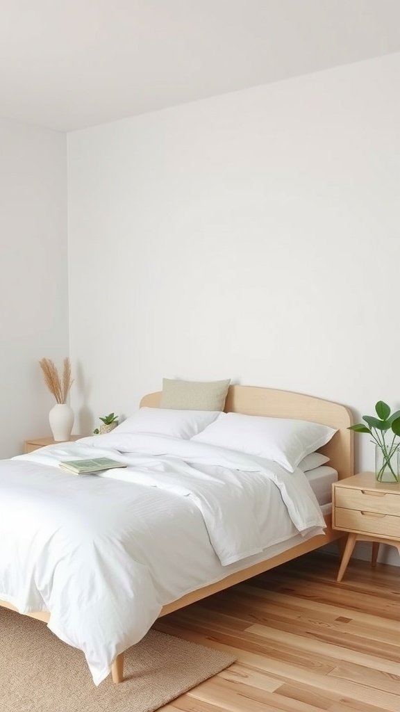 A tidy minimalist bedroom showcasing a bed with white bedding, wooden furniture, and a simple decor.