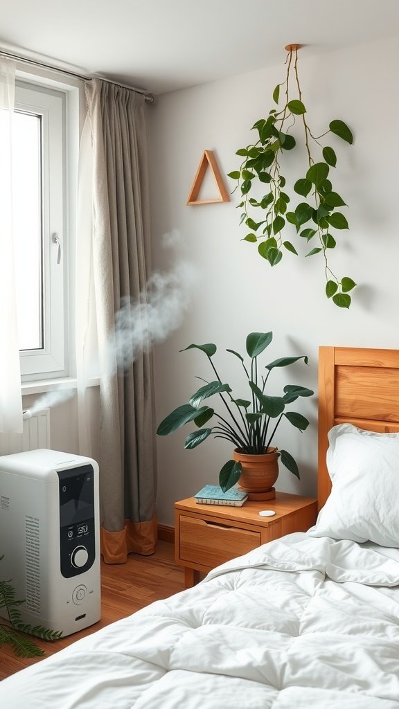 A cozy bedroom with plants and a humidifier in action.