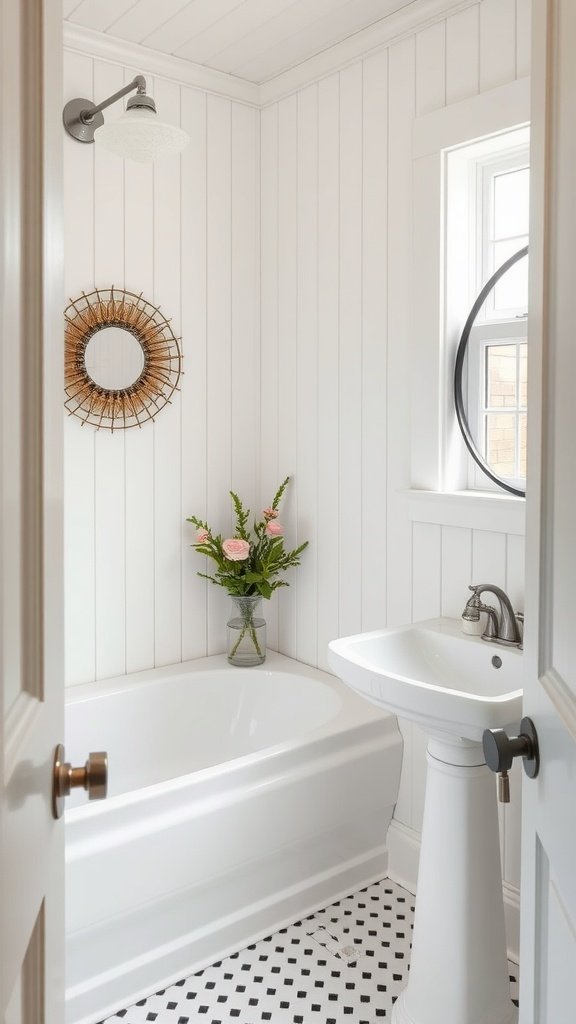 A small bathroom featuring a pedestal sink, bathtub, shiplap accents, and decorative elements.