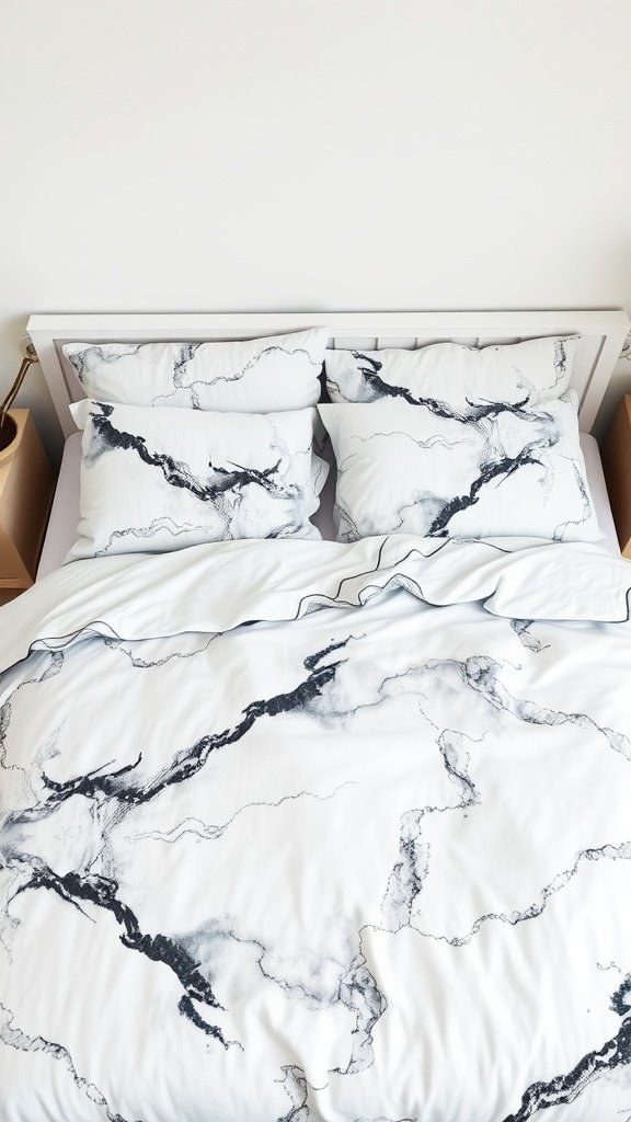 Marble-inspired bedding set with black and white patterns on a bed.