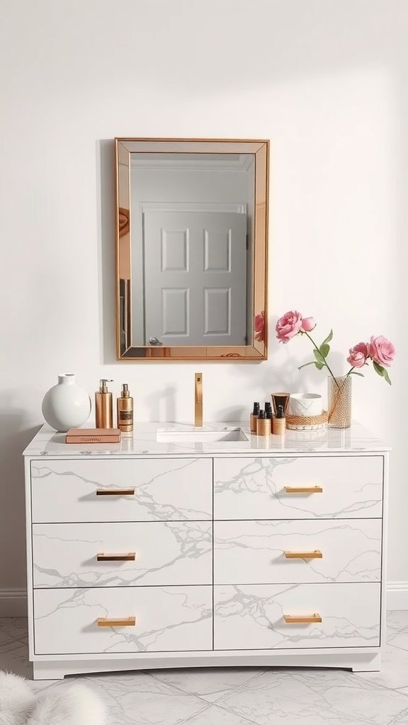 Modern marble-topped dresser with gold accents and mirror
