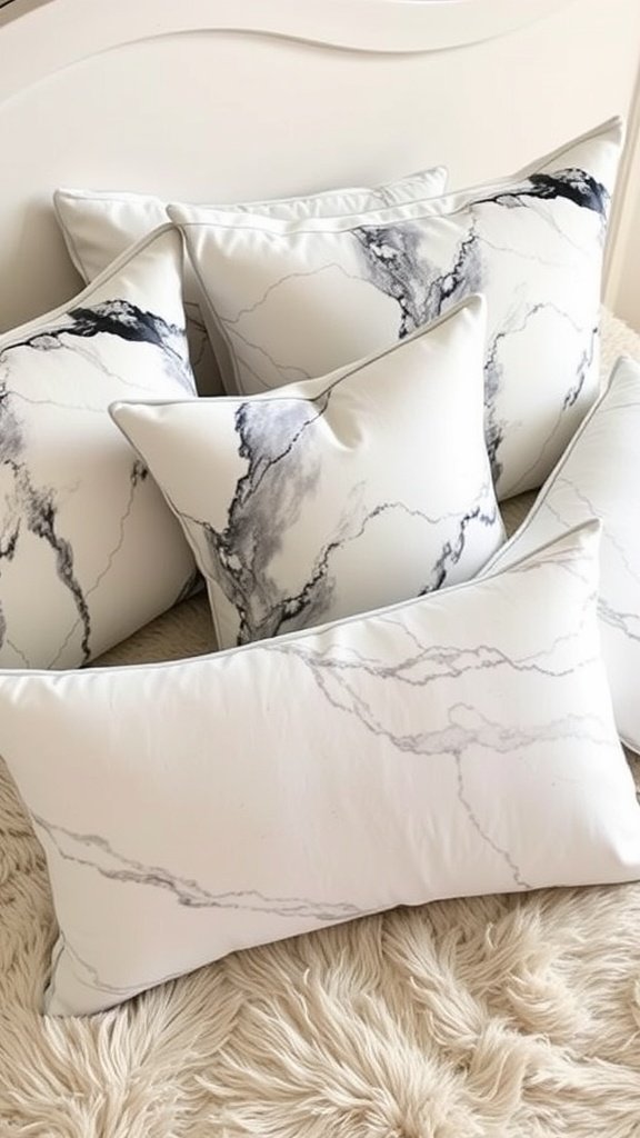 A collection of marble accent pillows on a bed