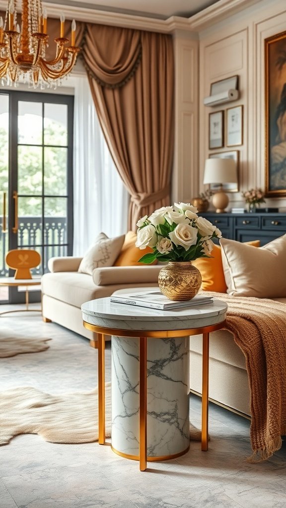 A stylish marble accent table in a luxurious living room setting.