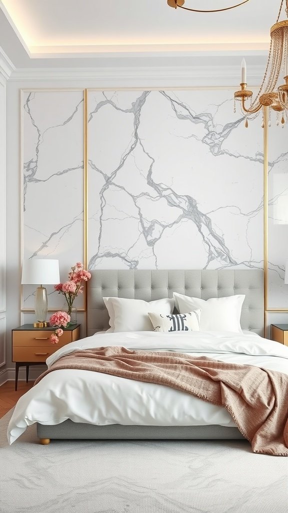 A cozy bedroom featuring a marble accent wall, stylish furniture, and warm lighting.