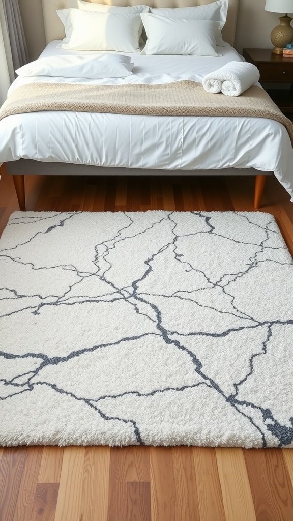 A cozy bedroom featuring a marble accented rug under the bed.