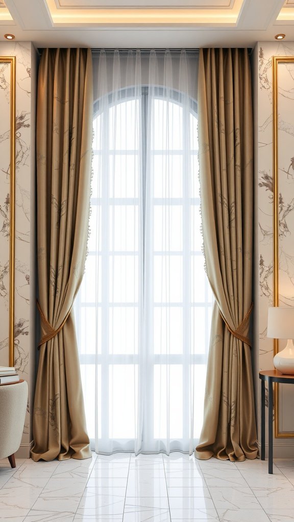 Elegant window treatments featuring marble accents, with luxurious drapes framing a bright window.