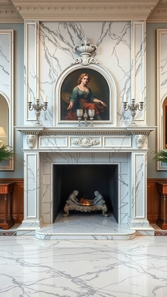 A marble fireplace featuring intricate details and sculptures, creating a sophisticated atmosphere.