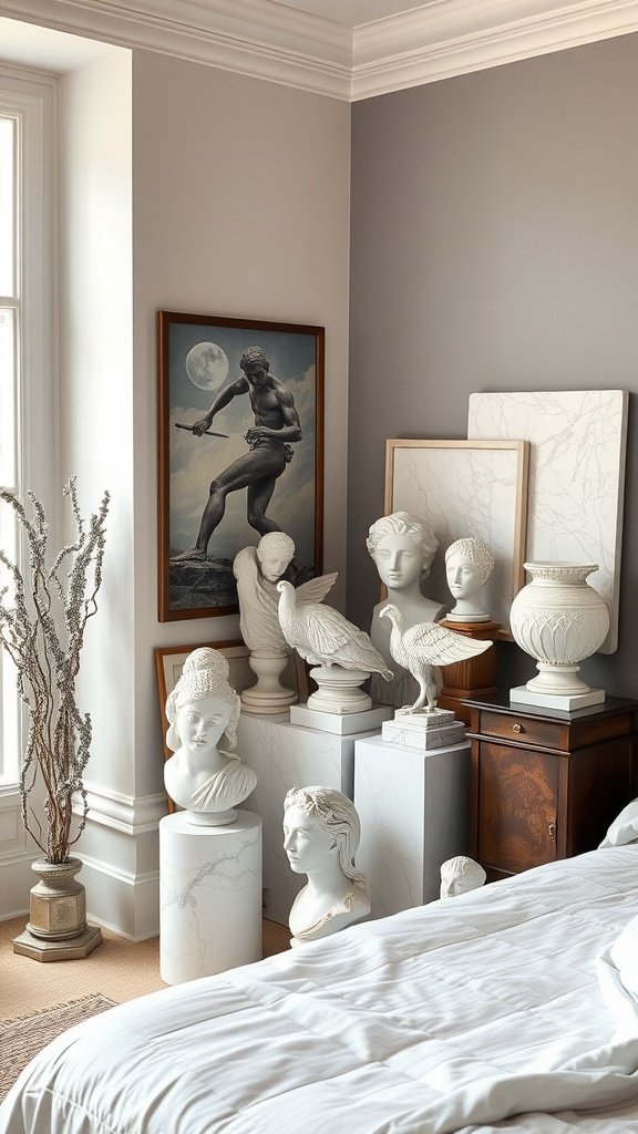 A cozy bedroom corner featuring various marble sculptures and artwork, enhancing elegance.