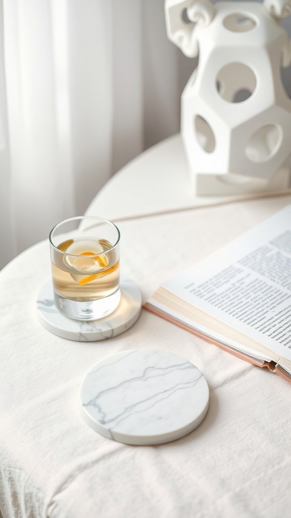 A set of marble coasters with a glass of beverage on one and an open book beside them.