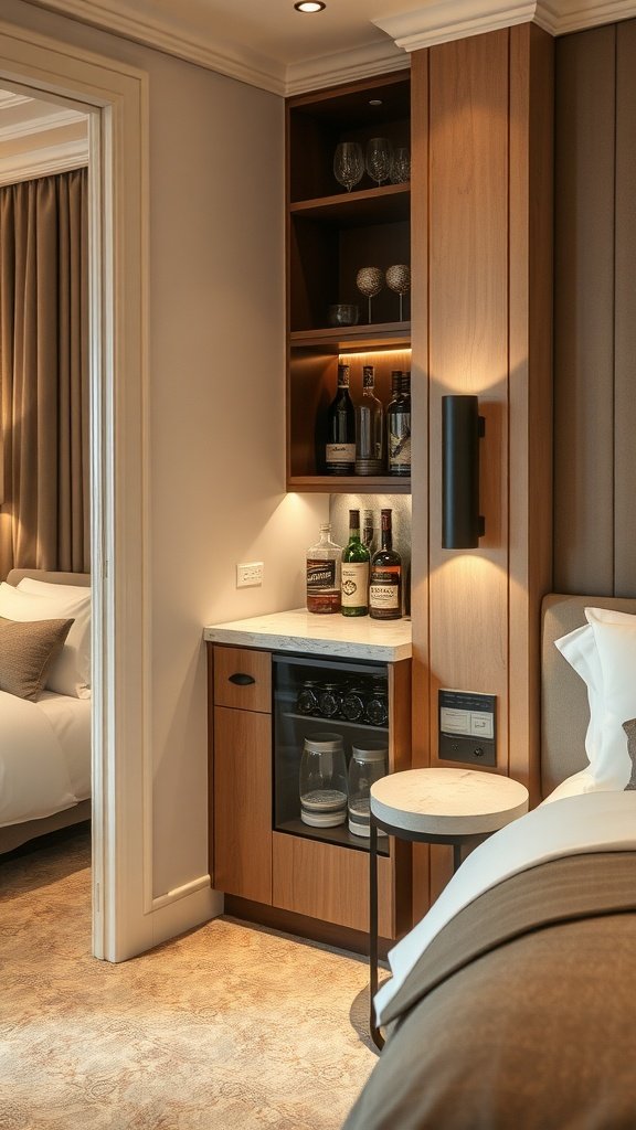 A stylish mini bar with marble countertops in a modern bedroom setting.