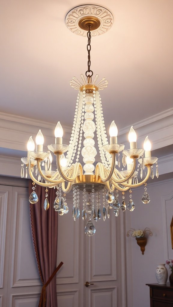 A chandelier with marble accents and crystal drops, illuminating a stylish bedroom.