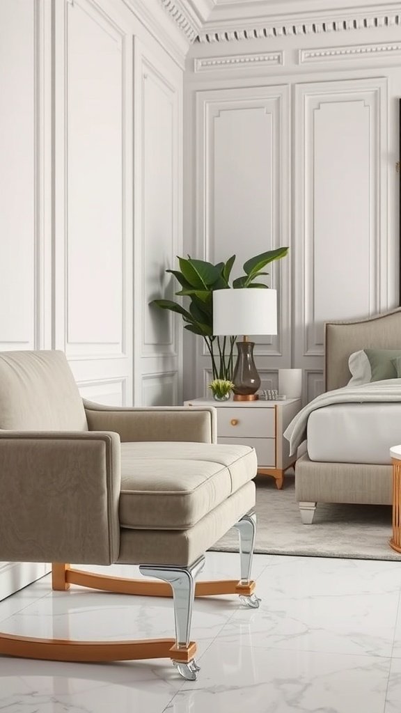 A stylish bedroom featuring a chair with marble legs, elegant decor, and soft lighting.