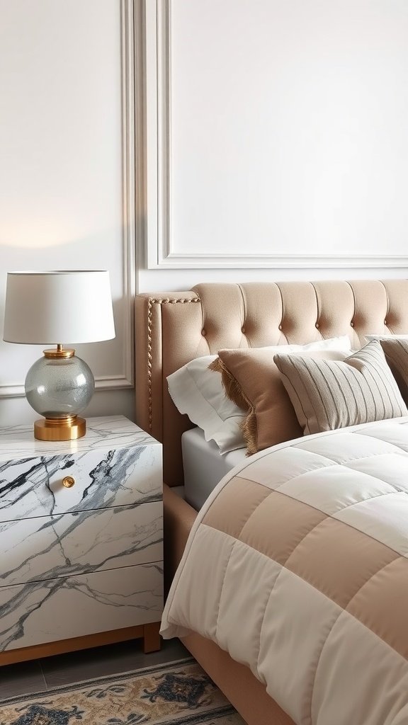 A stylish bedroom featuring a marble nightstand with a lamp and decorative elements.