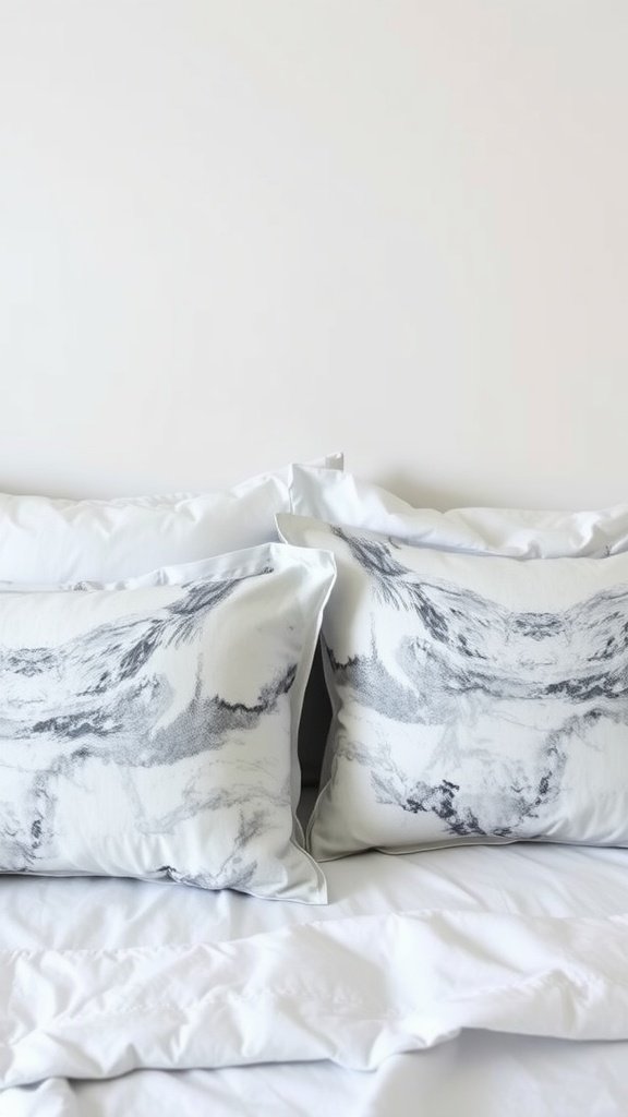 Decorative marble-patterned pillow cases on a bed