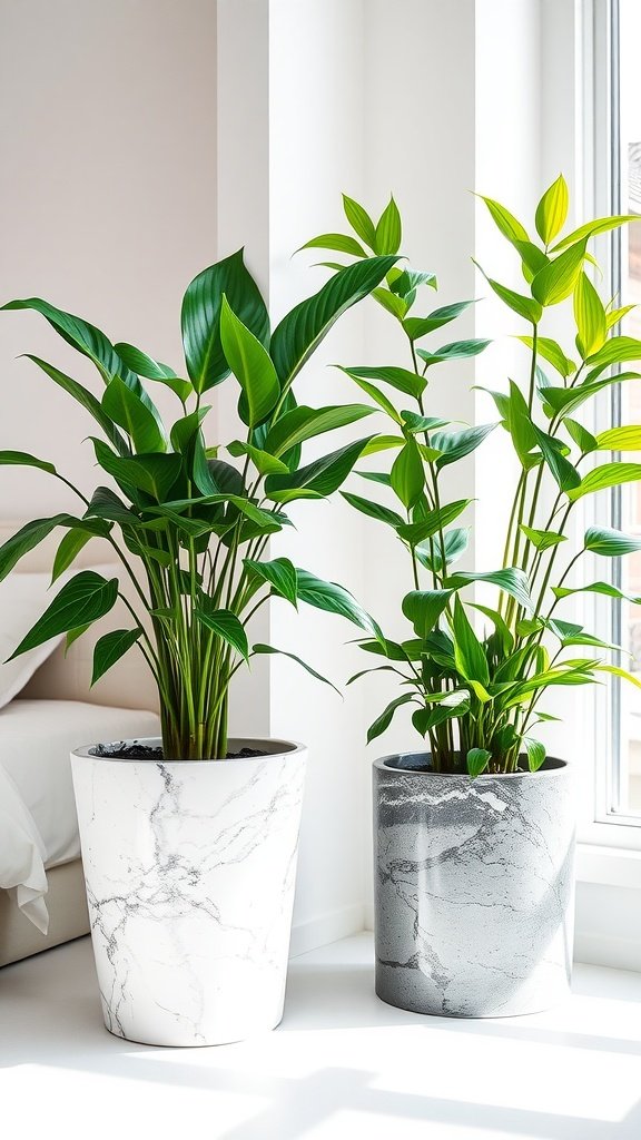 Two marble plant pots with green plants near a window.