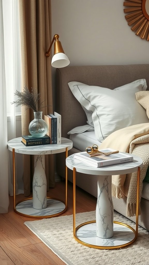 Stylish marble side tables next to a bed with books and decor.