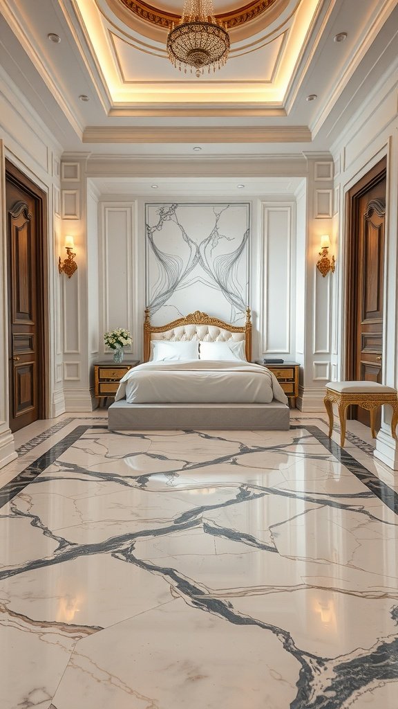 Elegant bedroom featuring stunning marble tile flooring.