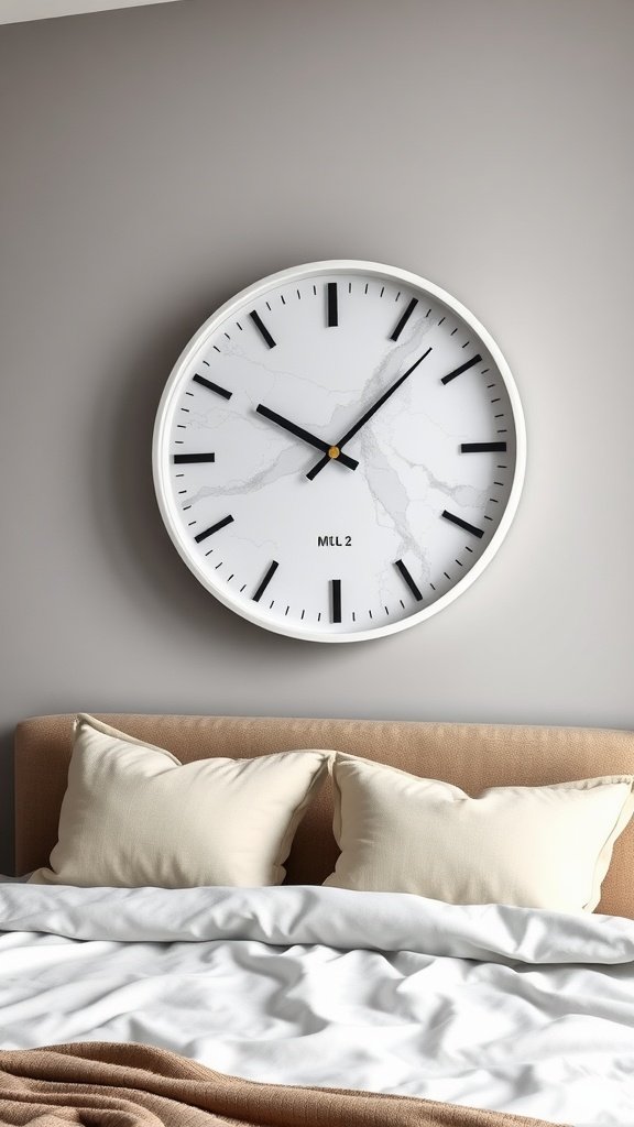 A stylish marble wall clock mounted above a bed with neutral-colored pillows and a cozy blanket.