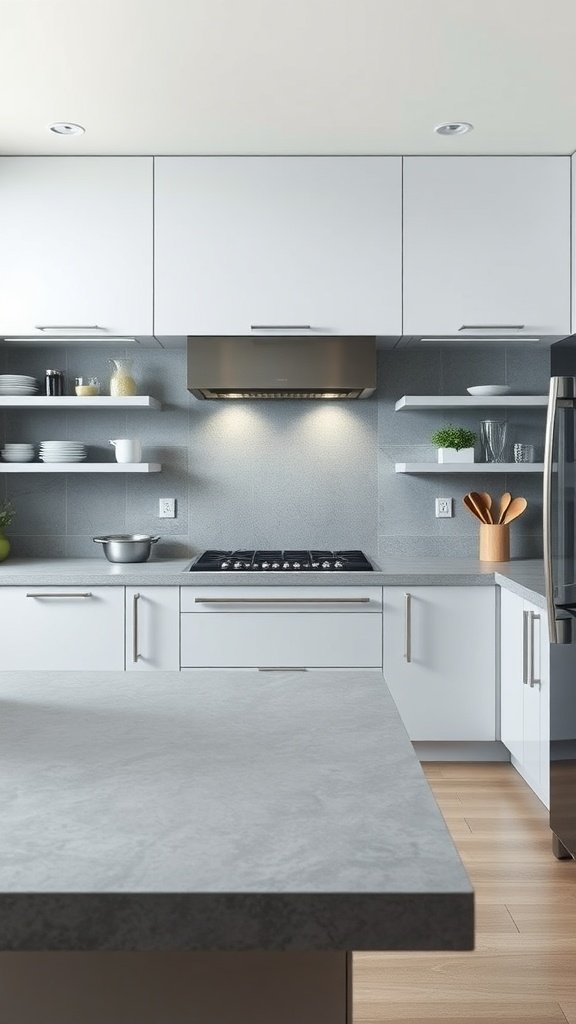 Modern kitchen featuring a blend of sleek cabinets, a gray countertop, and stylish decor.